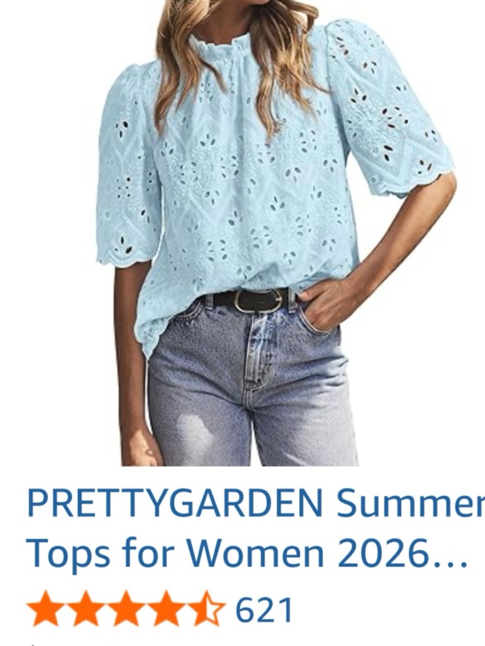 Pretty Garden Light Blue Eyelet Ruffle Short Sleeve Women's Top